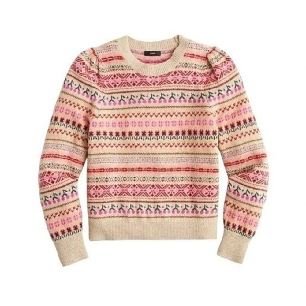 J. Crew Puff Sleeve‎ Fair Isle Crewneck Sweater Floral Cherry Print XL